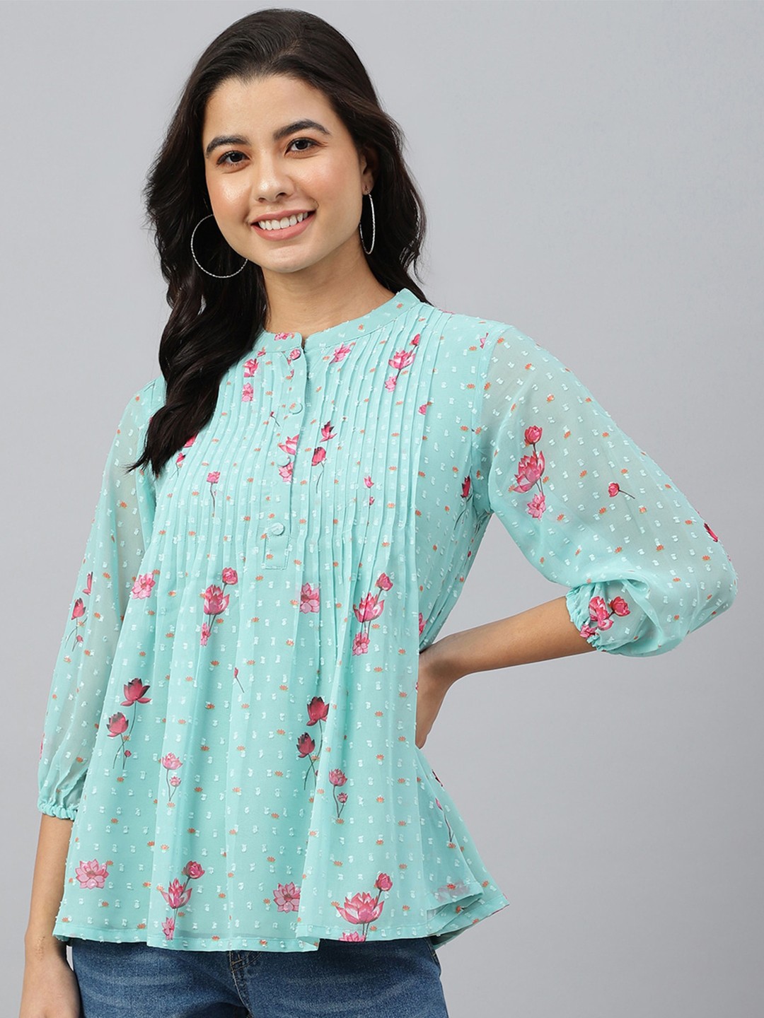 

Janasya Dobby Georgette Floral Printed Flared Top, Sea green