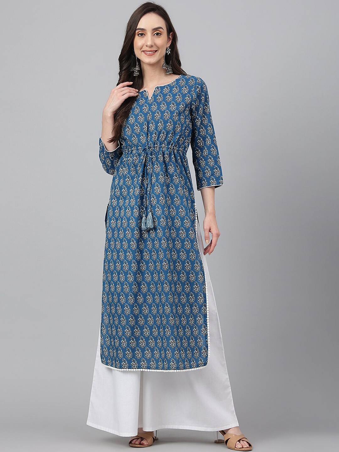 

Janasya Women's Teal Blue Cotton Floral Print Straight Kurta