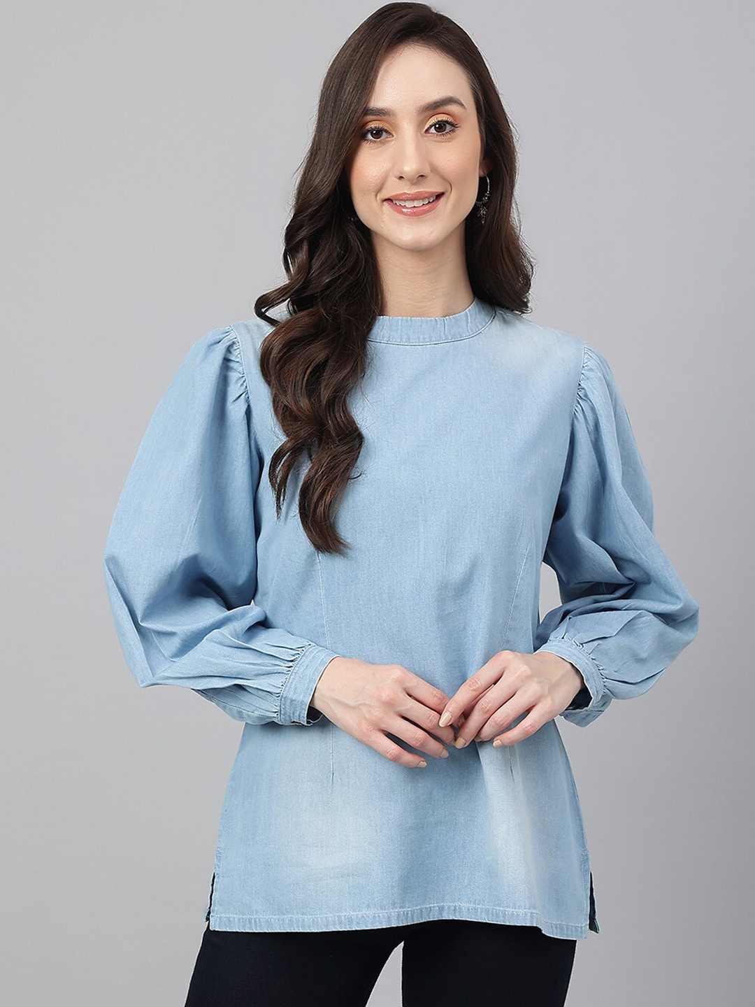 

Janasya Denim Solid Regular Top, Blue