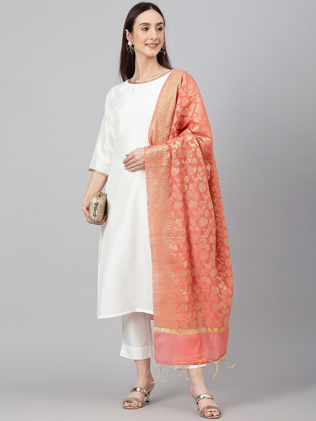 

Janasya Women's Off White Crepe Silk Solid Kurta with Pant and Dupatta