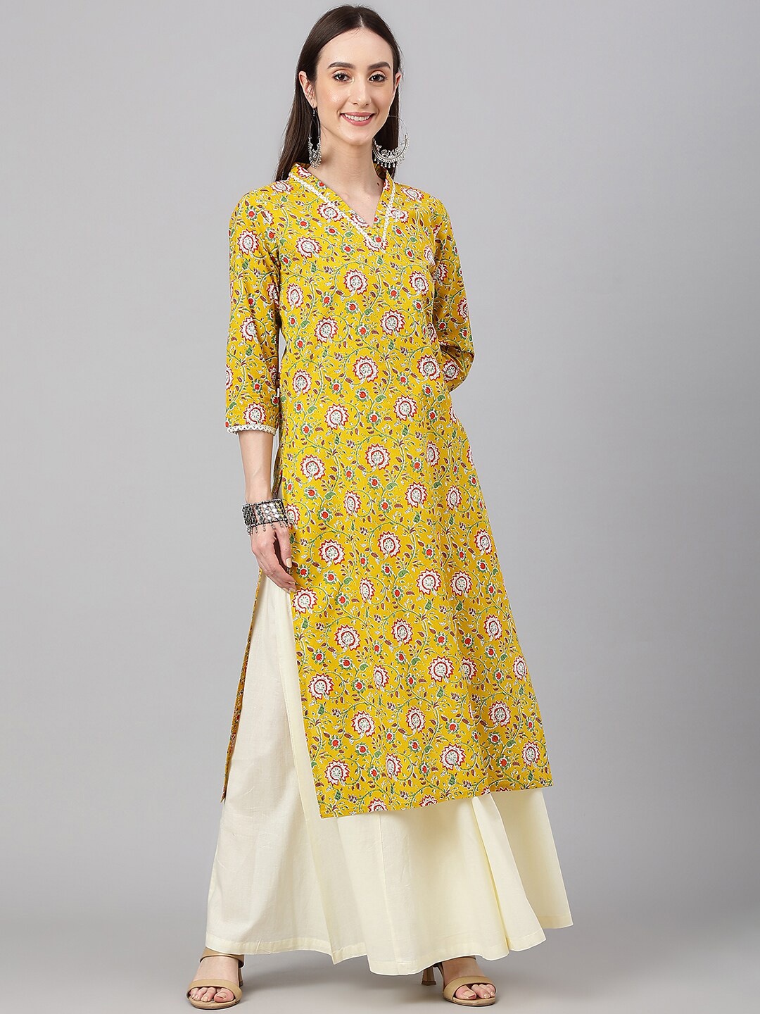 

Janasya Women's Mustard Yellow Cotton Floral Print Straight Kurta