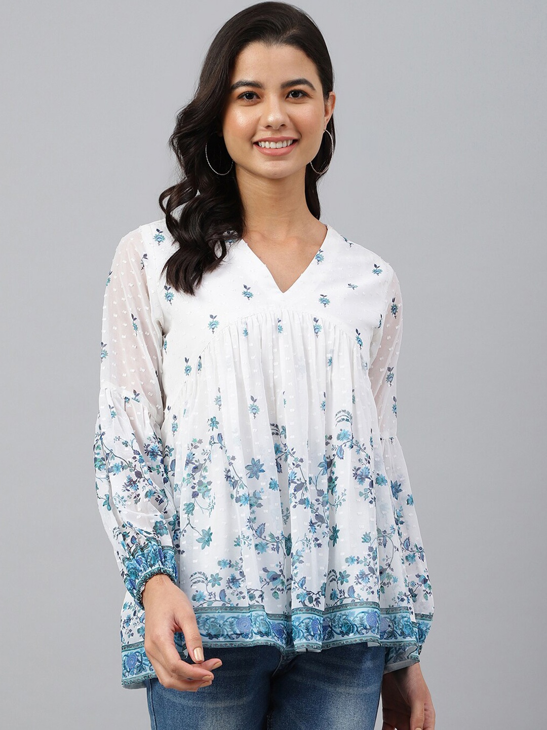 Janasya Women's White Georgette Digital Printed Flared Top