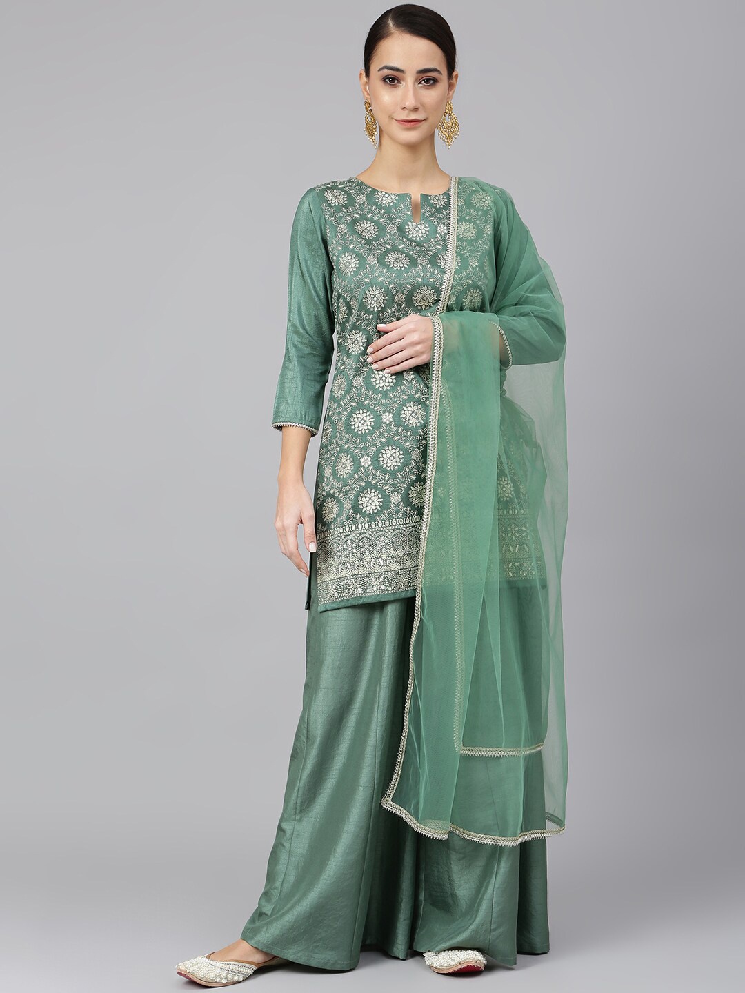 

Janasya Women's Mint Green Chinon Foil Print Kurta with Flared Palazzo and Dupatta