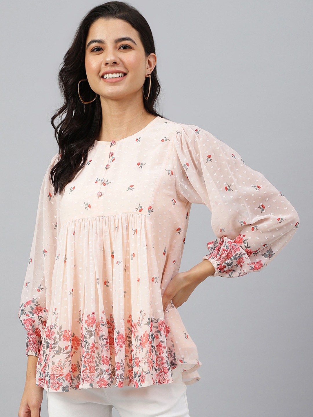 

Janasya Floral Printed Flared Top, Peach