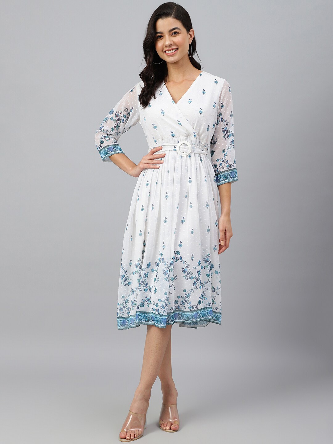 

Janasya Women Floral Printed A-Line Midi Dress, White