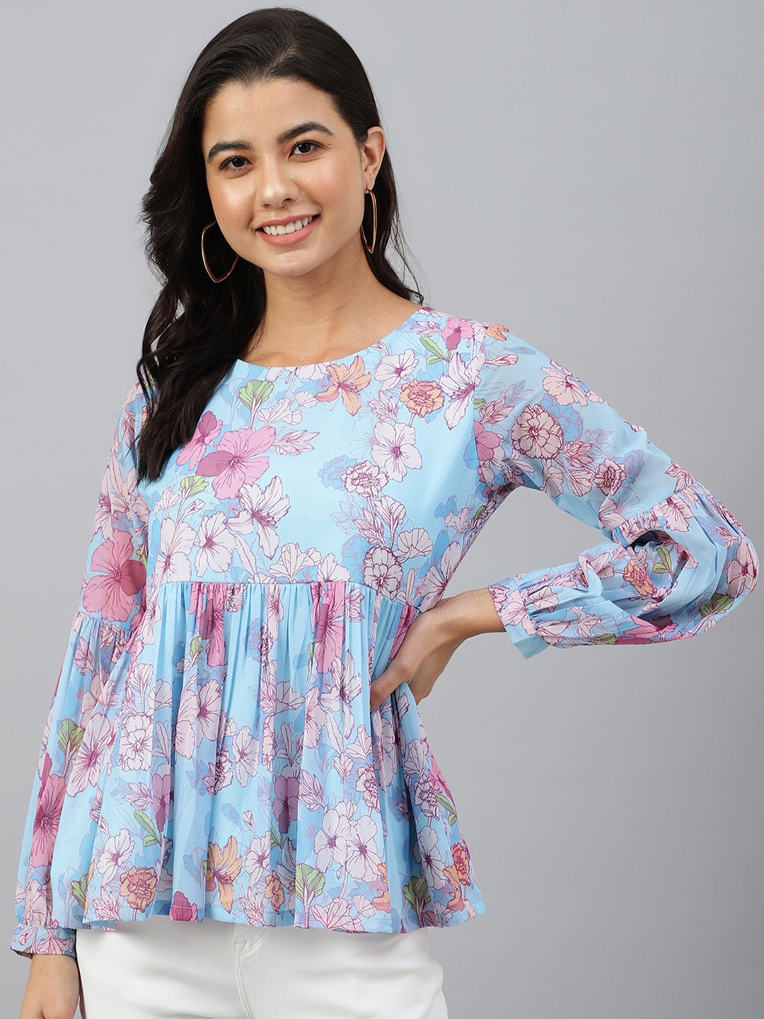 

Janasya Women's Sky Blue Georgette Floral Print Flared Peplum Top