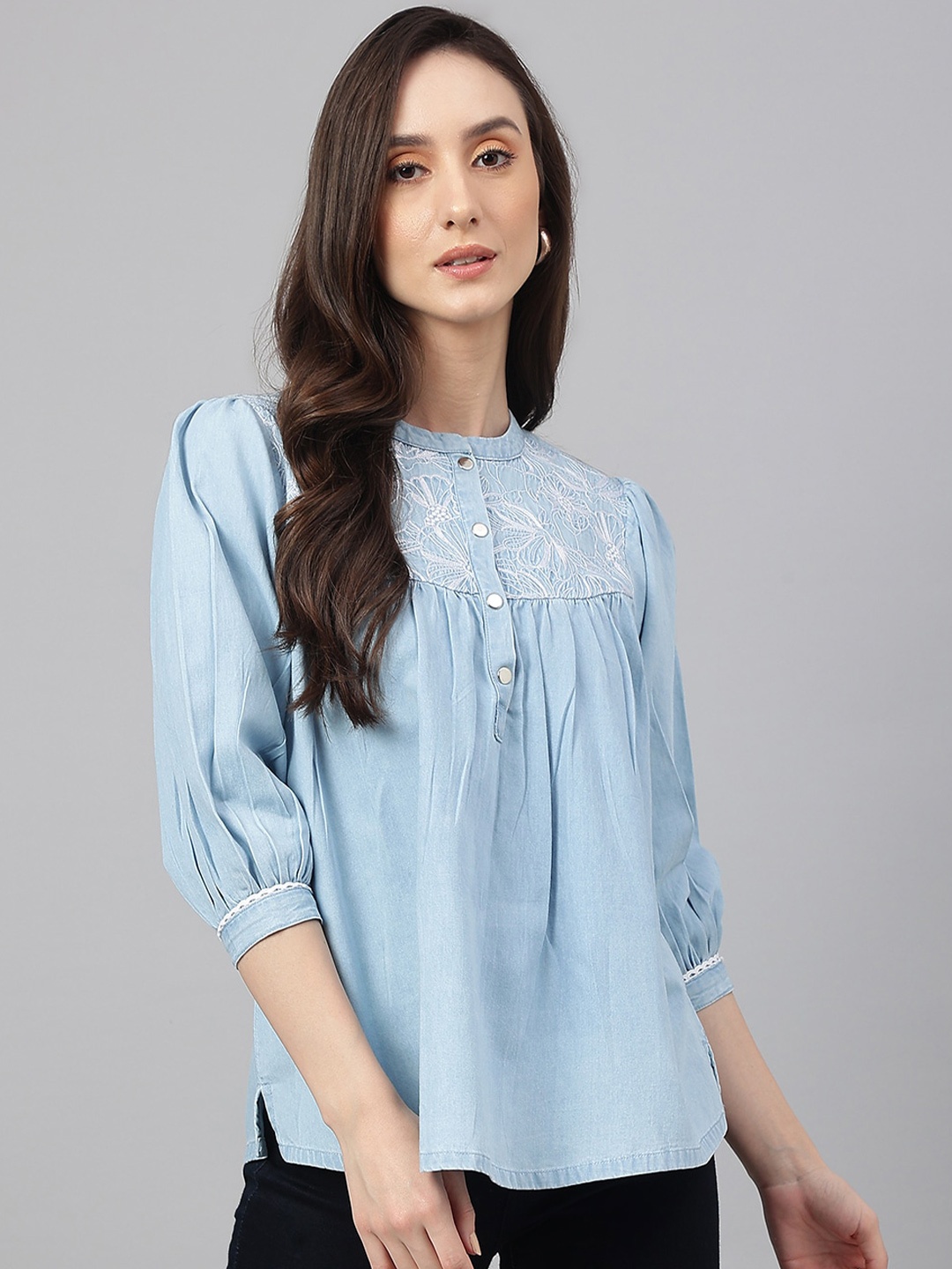 

Janasya Women's Light Blue Denim Embroidered Flared Regular Top