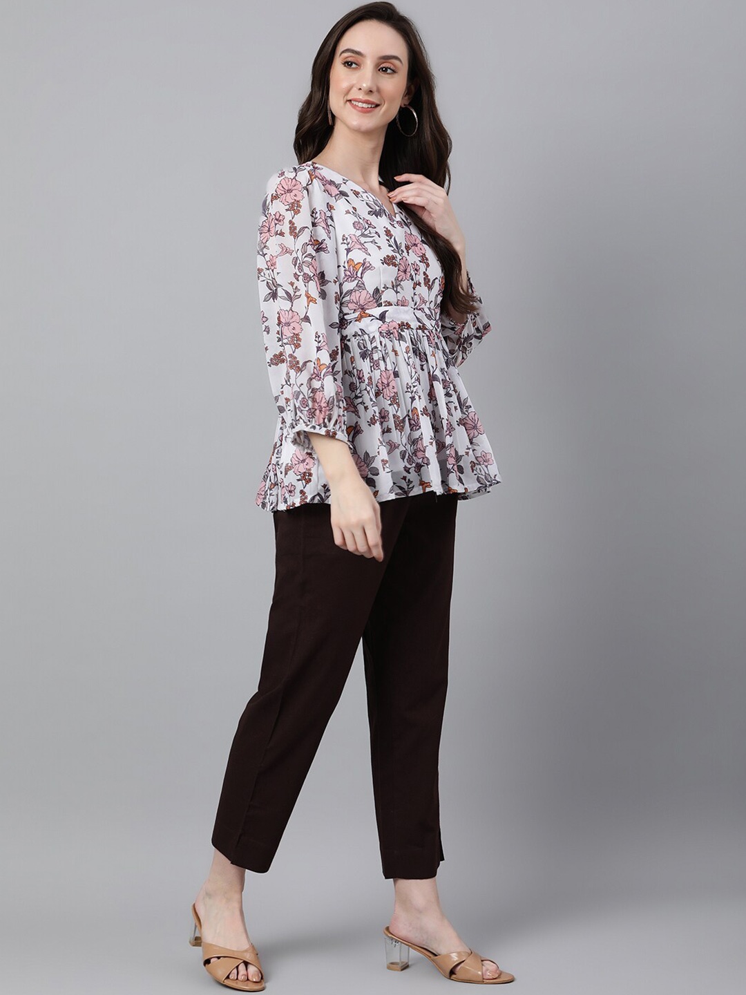 

Janasya Georgette Floral Print Peplum Top, White