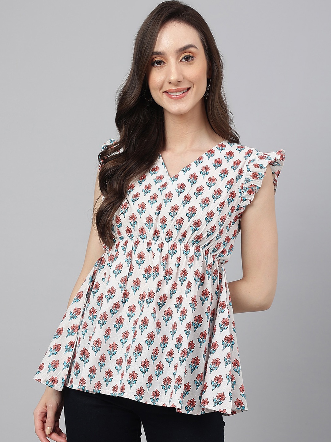 

Janasya Women's White Cotton Floral Print Flared Top