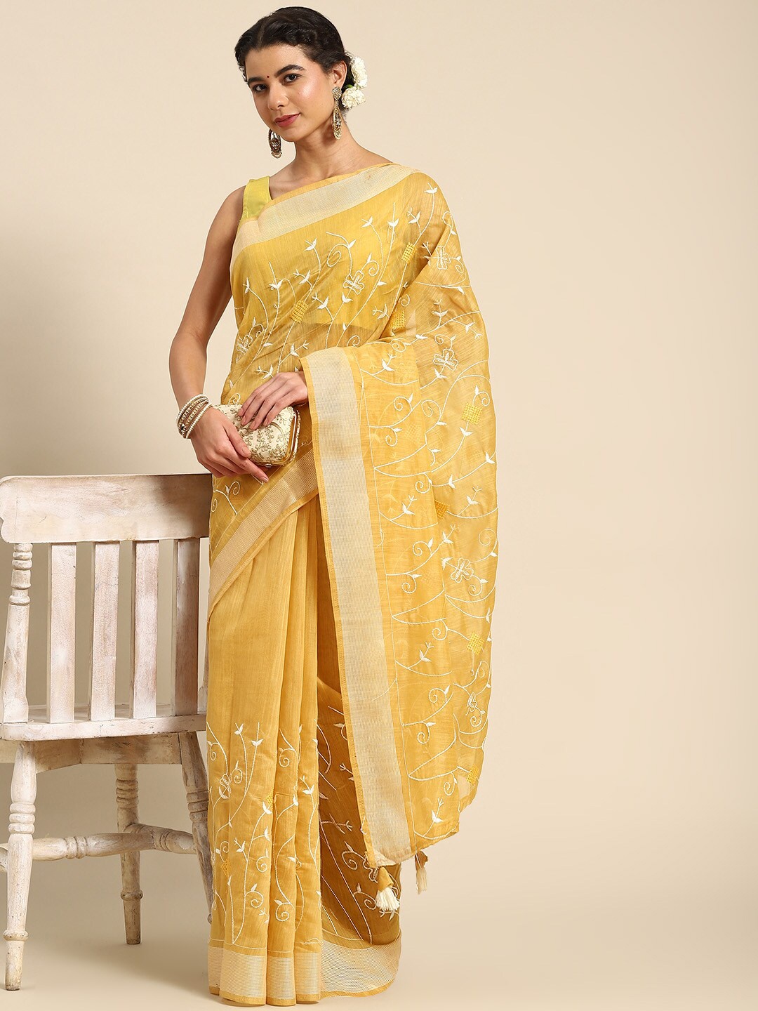 

Mitera Floral Embroidered Saree, Yellow