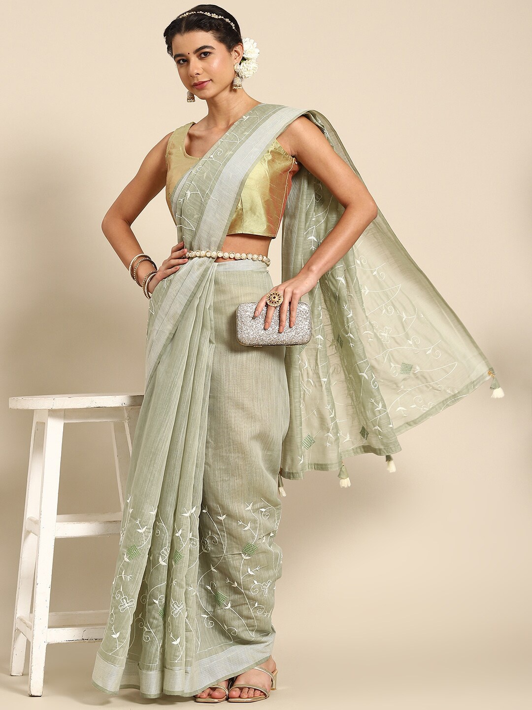 

Mitera Floral Embroidered Saree, Green