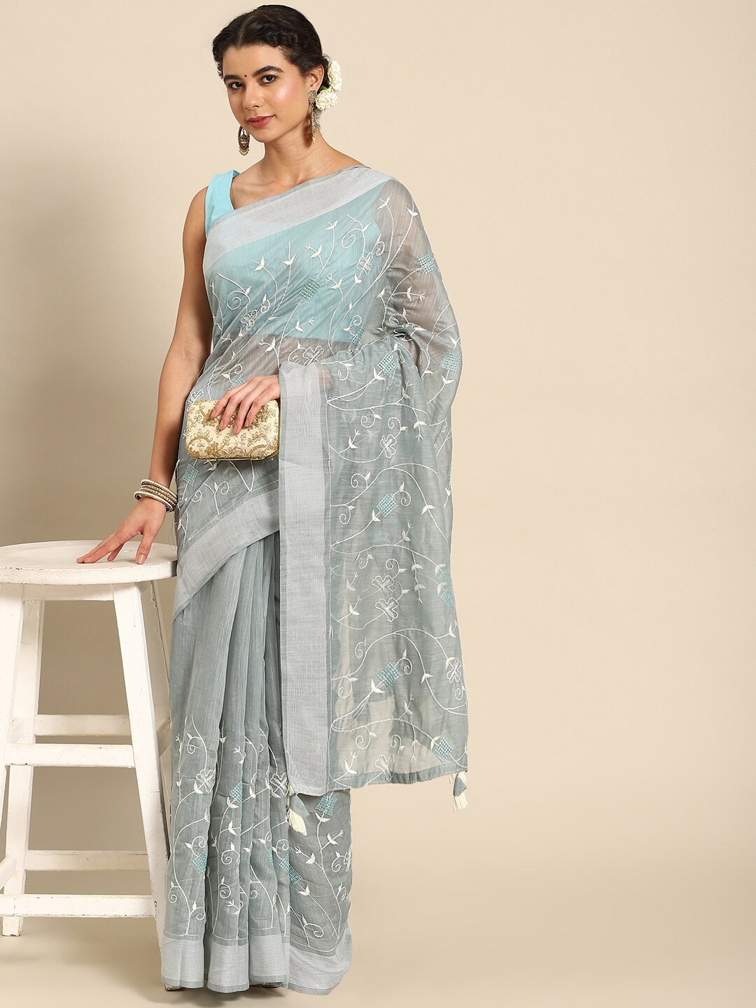 

Mitera Floral Embroidered Saree, Blue