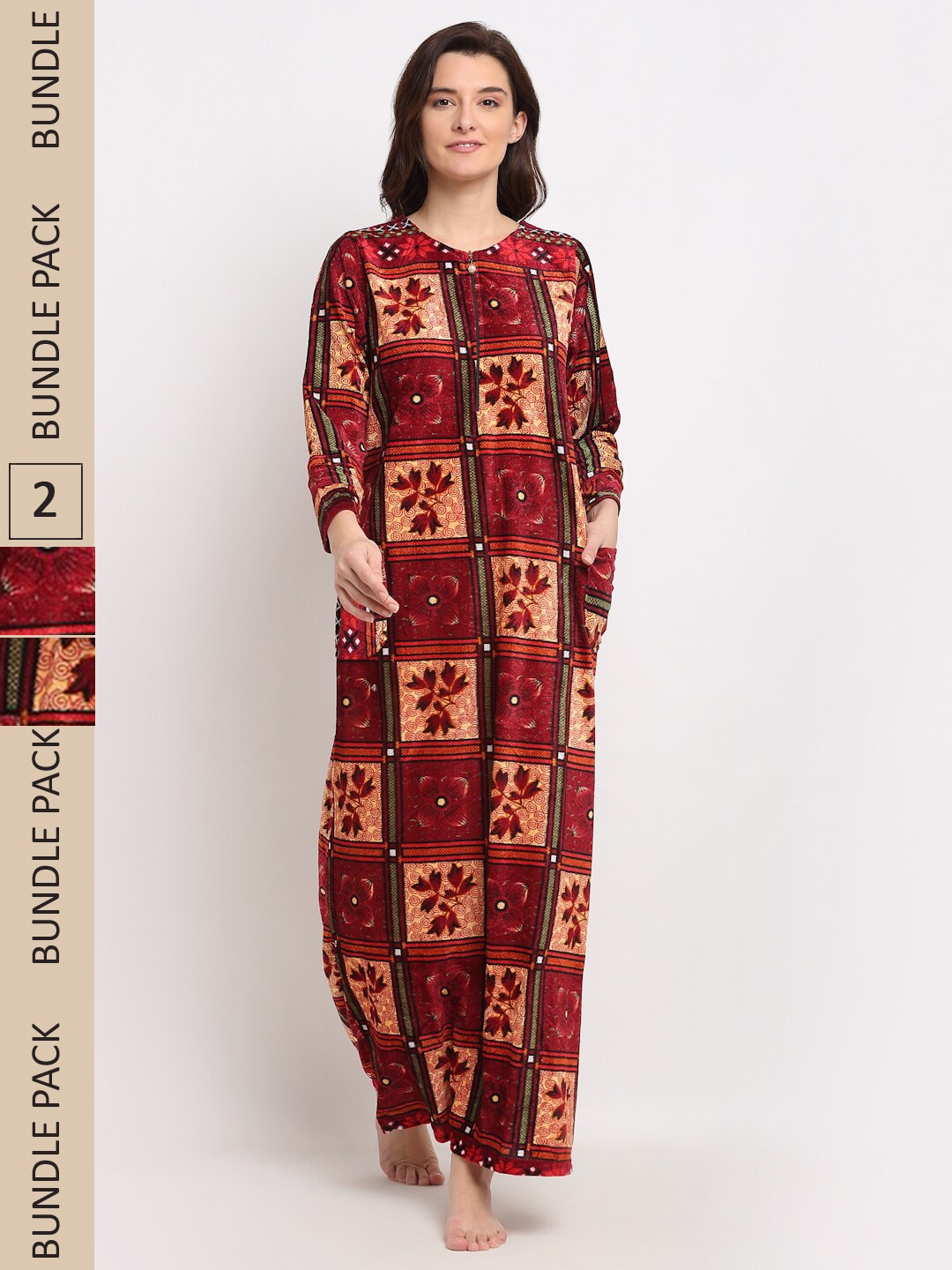 

GRACIT Women Pack Of 2 Printed Maxi Nightdress NSW09 NSW21, Maroon