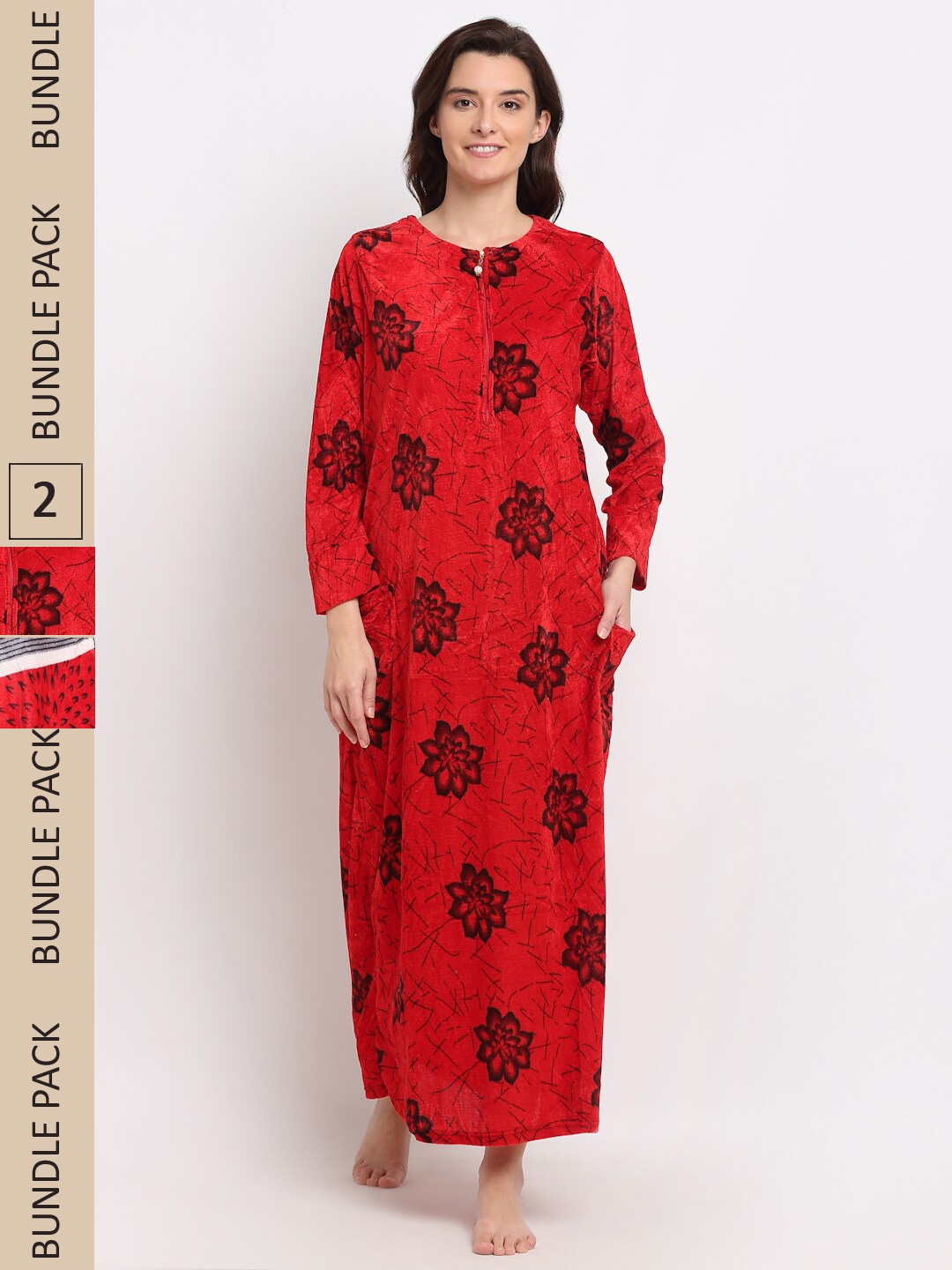 

GRACIT Women Pack Of 2 Printed Maxi Nightdress, Red