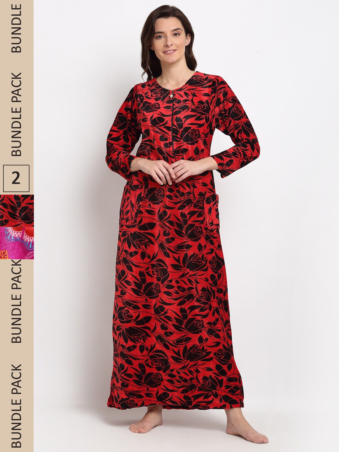 

GRACIT Pack Of 2 Fleece Printed Maxi Nightdress, Maroon