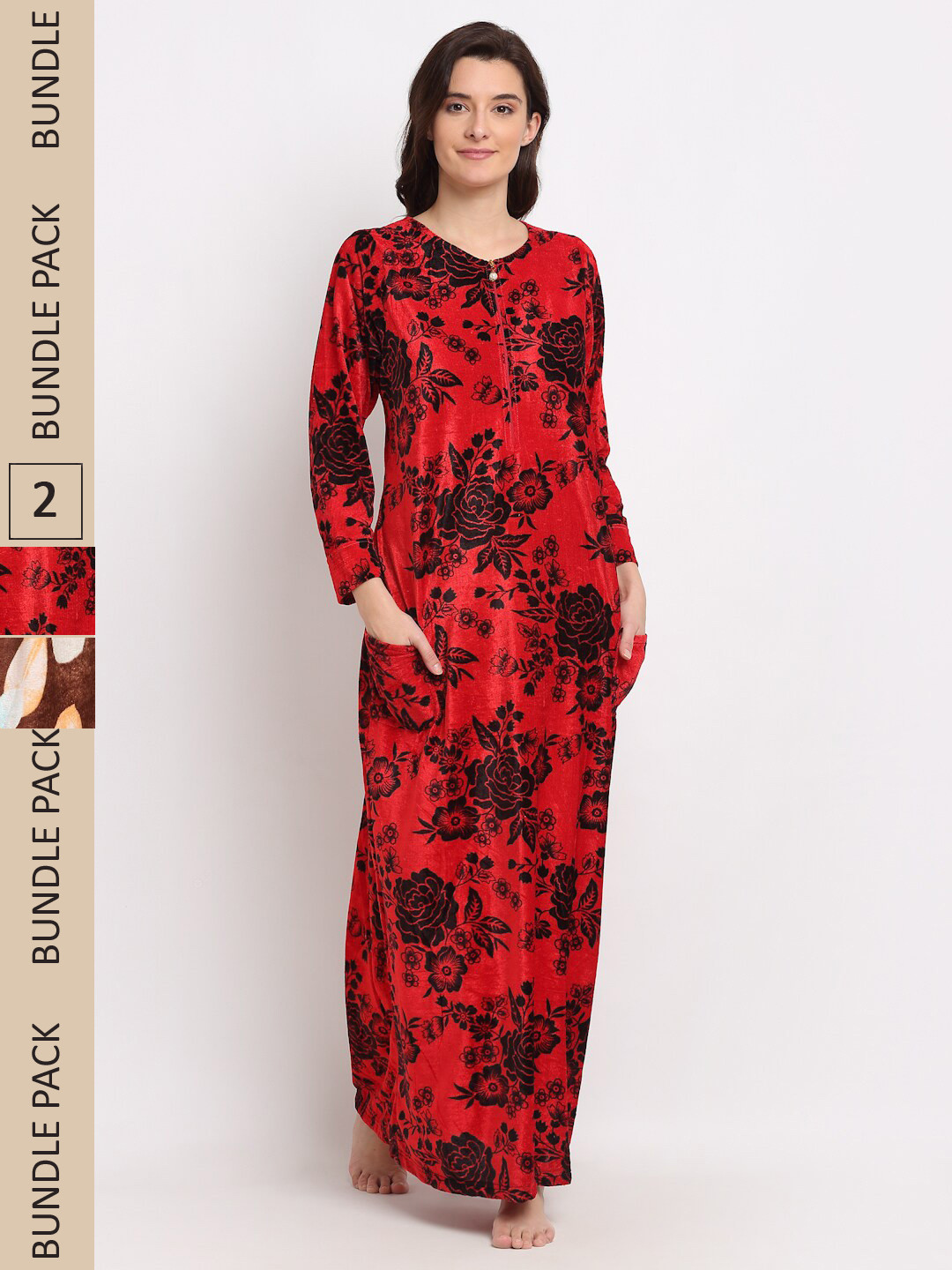

GRACIT Pack Of 2 Fleece Printed Maxi Nightdress, Red