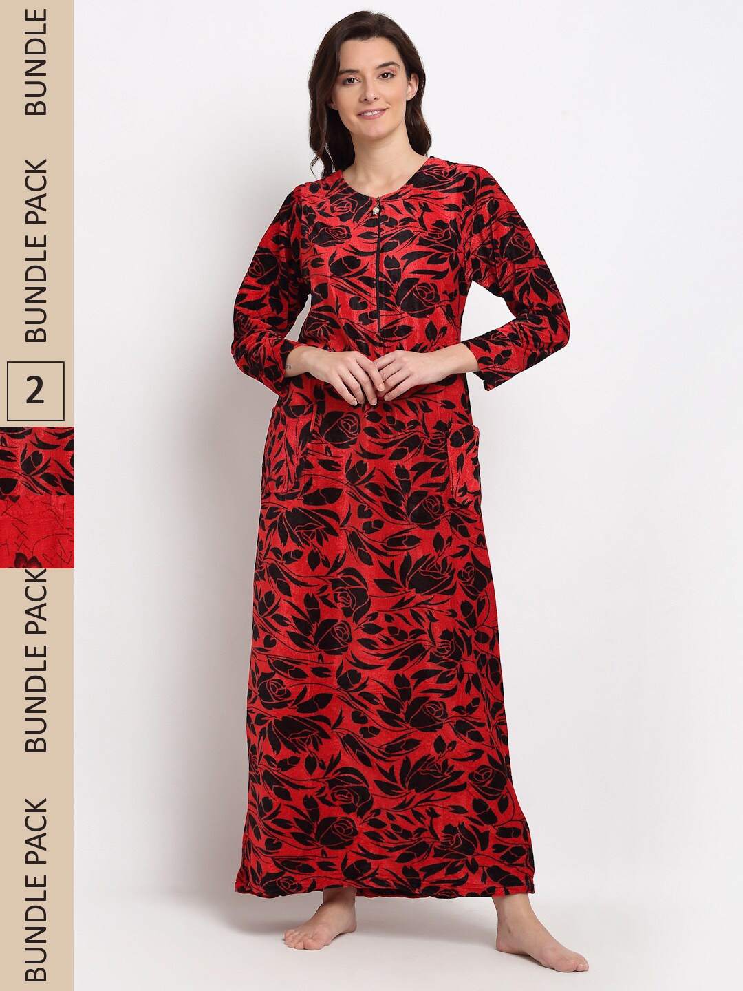 

GRACIT Pack Of 2 Fleece Printed Maxi Nightdress, Red