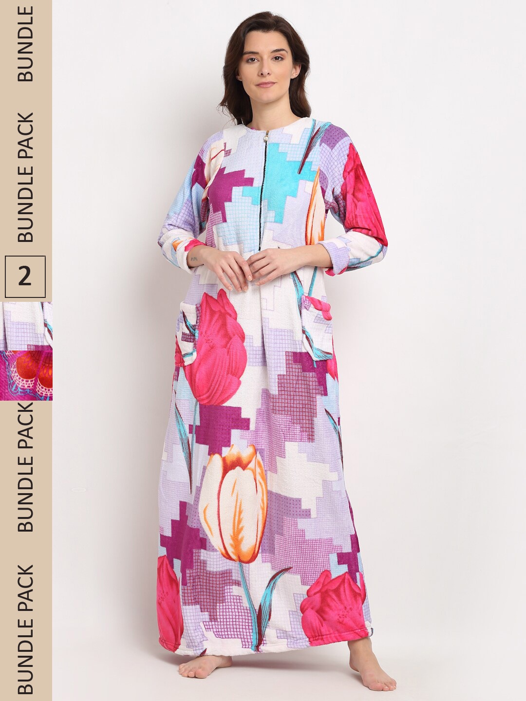

GRACIT Pack Of 2 Fleece Printed Maxi Nightdress, White