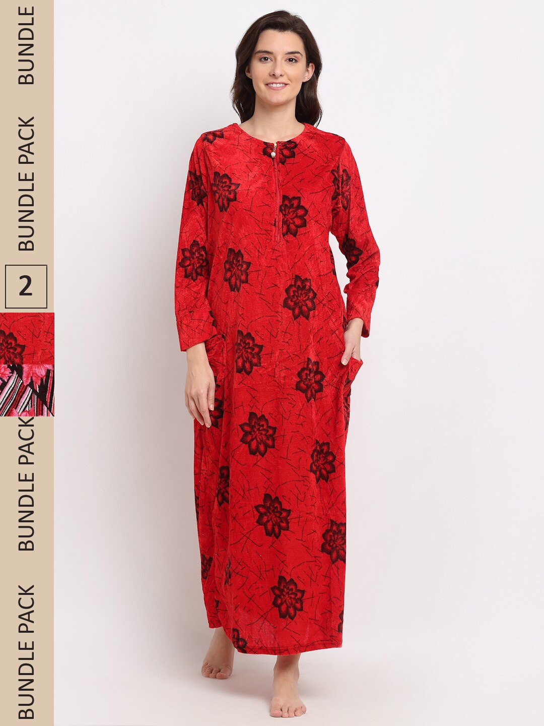 

GRACIT Pack Of 2 Fleece Printed Maxi Nightdress, Red