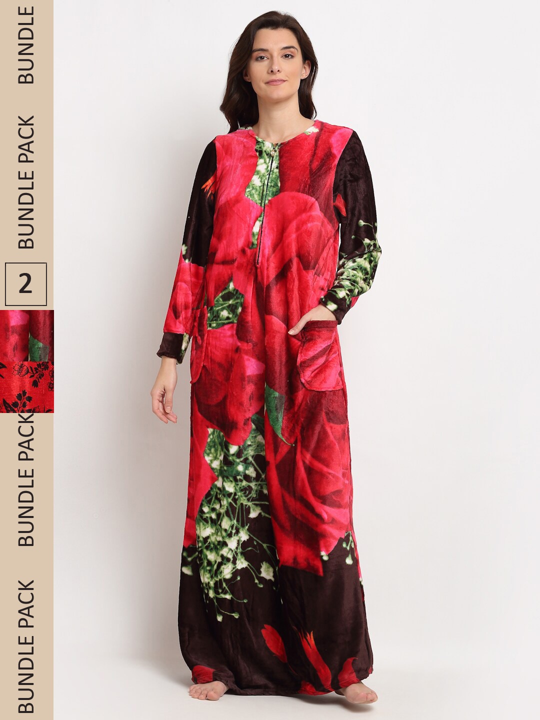 

GRACIT Pack Of 2 Fleece Printed Maxi Nightdress, Red