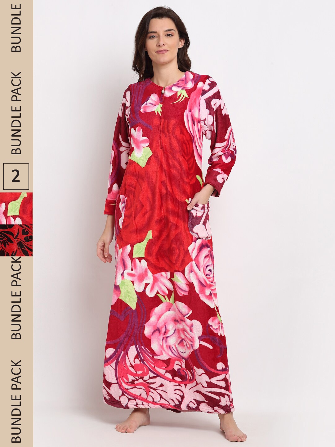 

GRACIT Pack Of 2 Fleece Printed Maxi Nightdress, Red