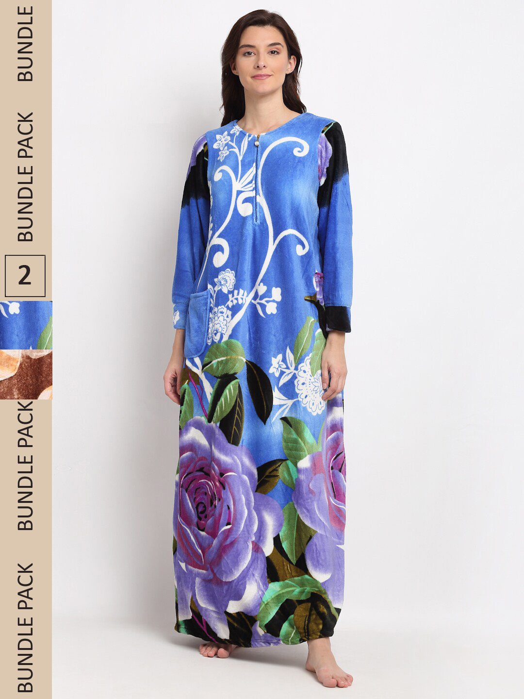 

GRACIT Pack Of 2 Fleece Printed Maxi Nightdress, Blue