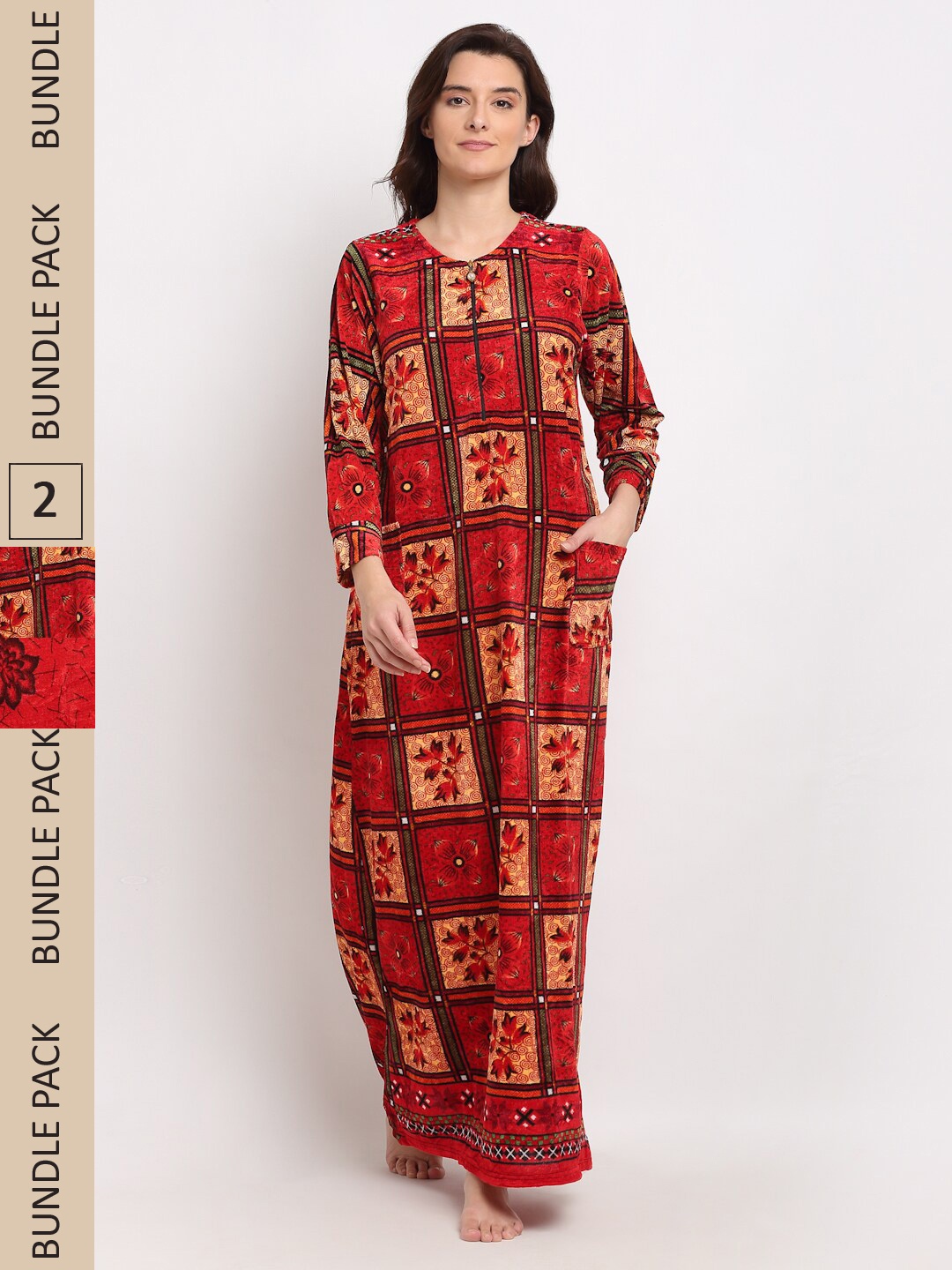 

GRACIT Pack Of 2 Fleece Printed Maxi Nightdress, Red