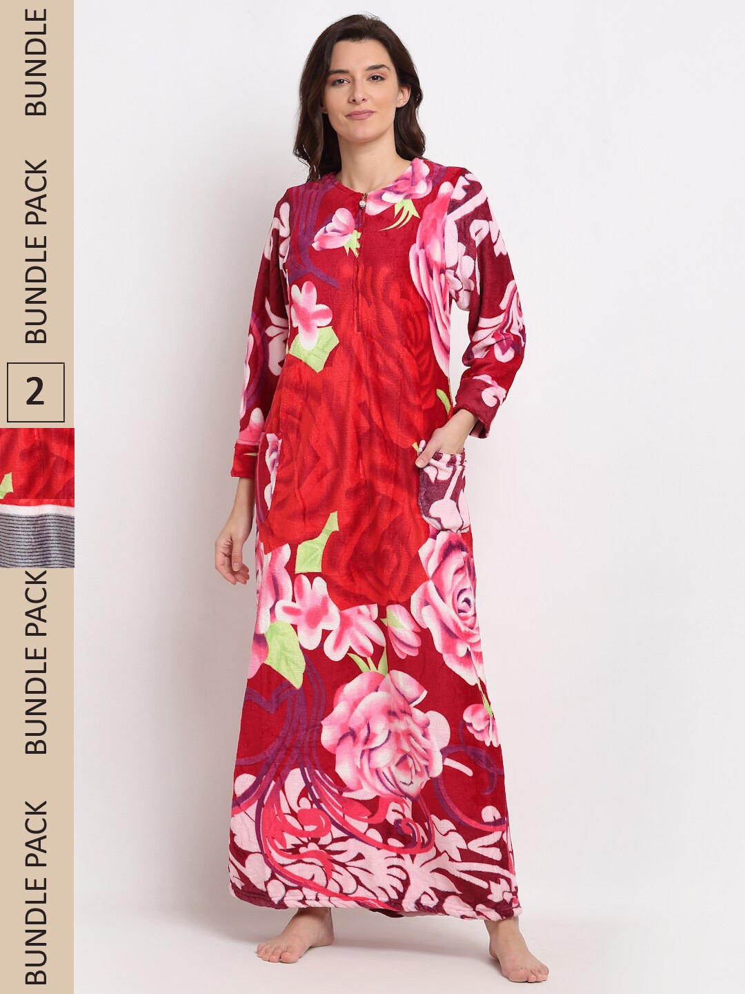 

GRACIT Pack Of 2 Fleece Printed Maxi Nightdress, Red