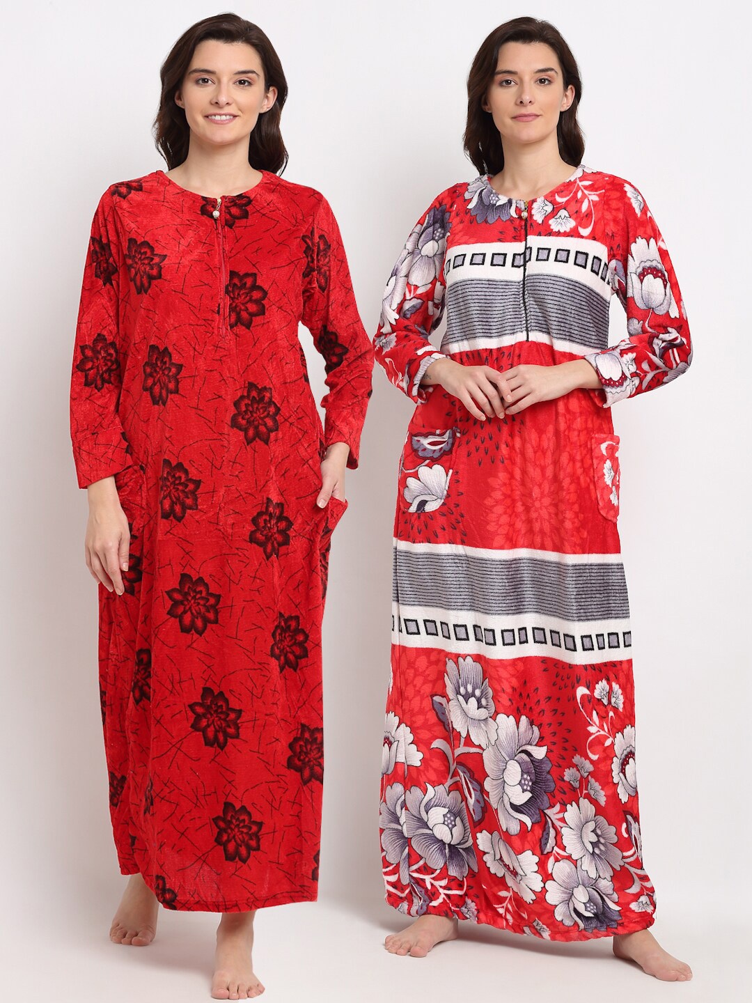 

GRACIT Women Pack Of 2 Floral Printed Maxi Nightdress, Red