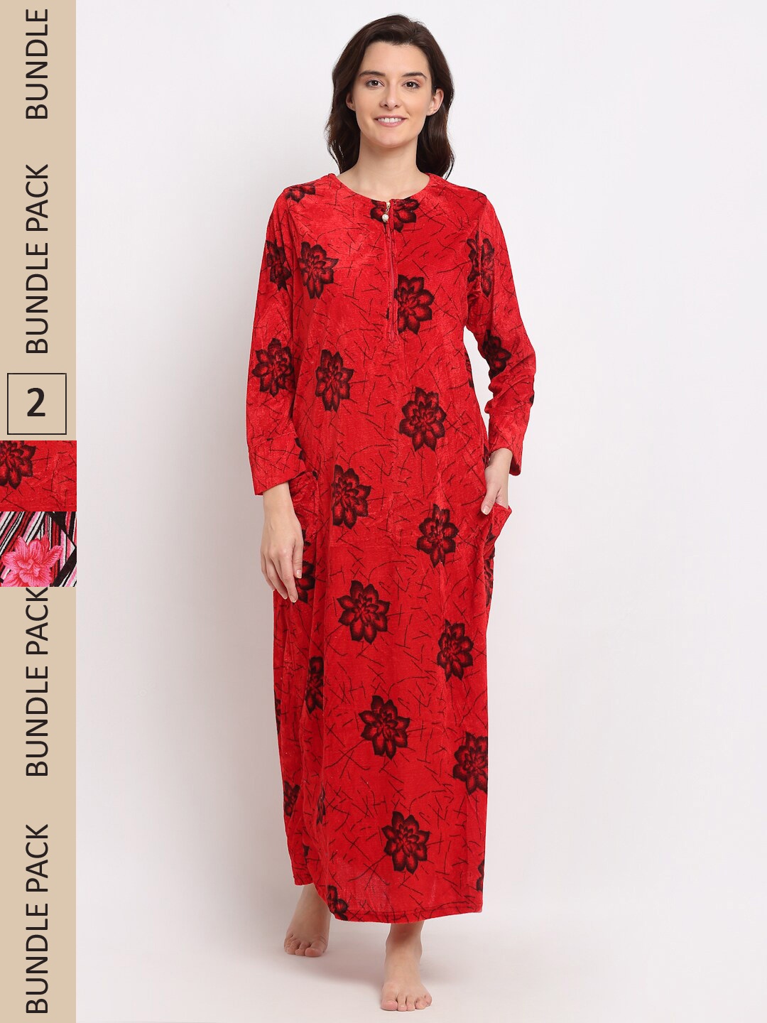 

GRACIT Pack Of 2 Fleece Printed Maxi Nightdress, Red