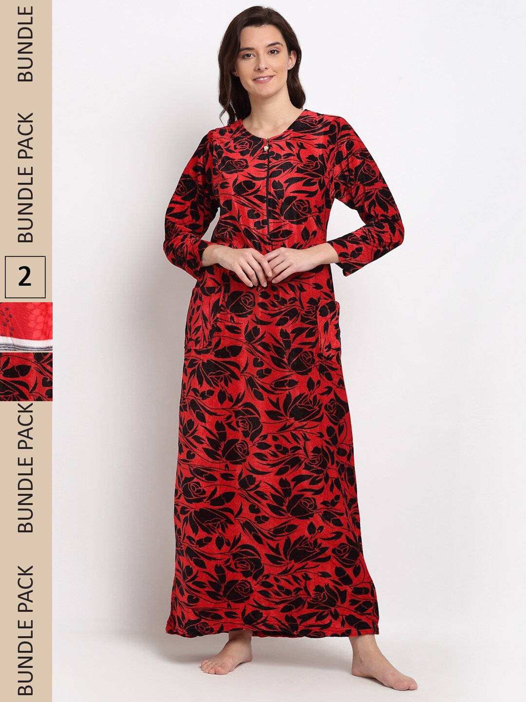 

GRACIT Pack of 2 Printed Woolen Maxi Nightdress, Red