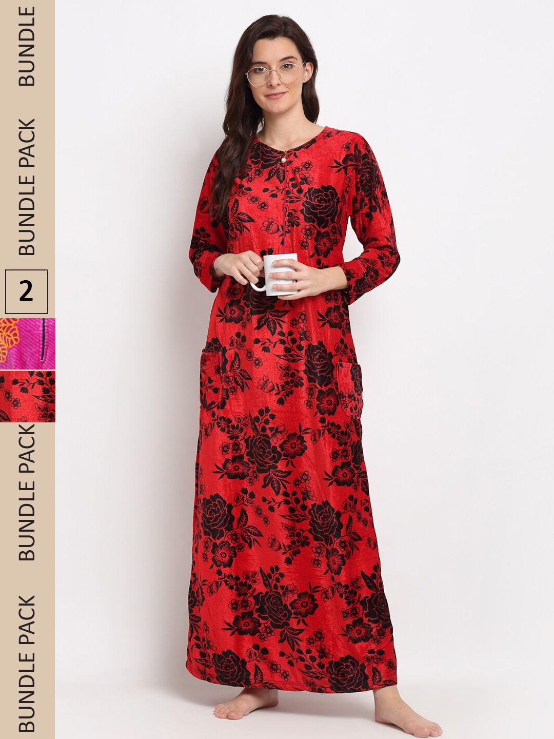 

GRACIT Pack of 2 Printed Woolen Maxi Nightdress, Red