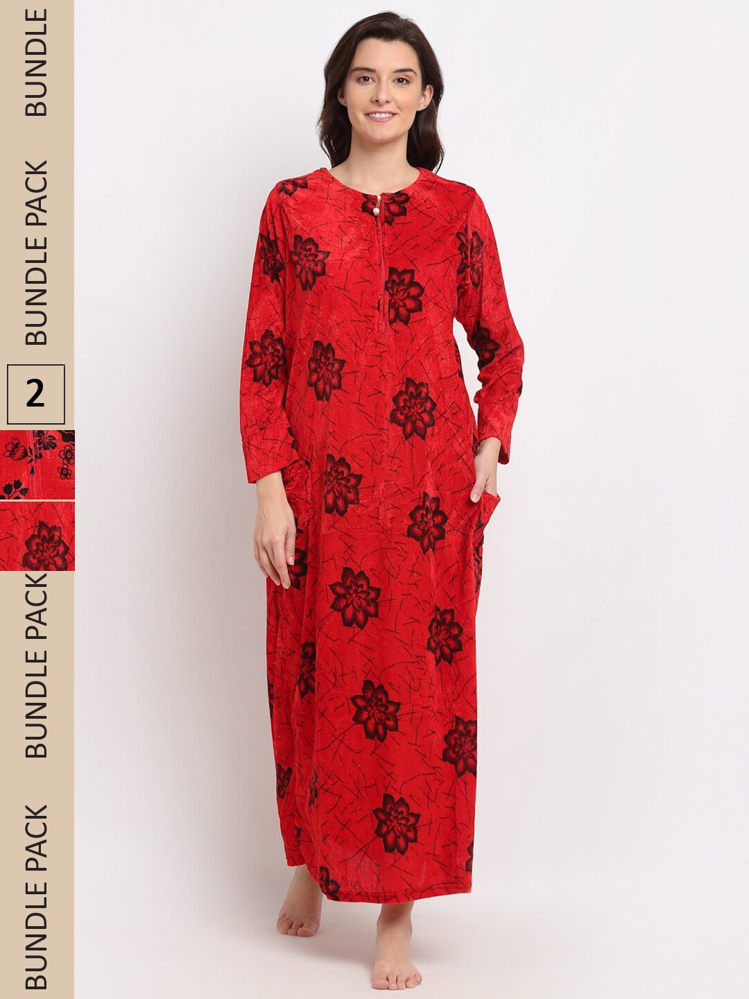 

GRACIT Pack of 2 Printed Woolen Maxi Nightdress, Red