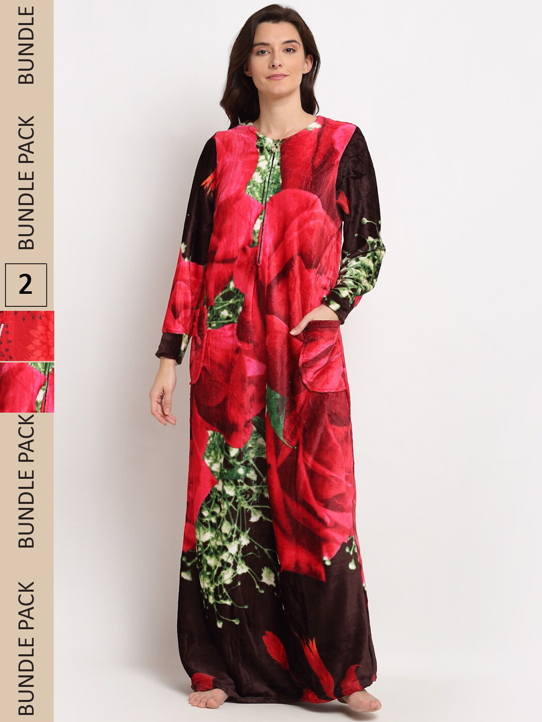 

GRACIT Pack of 2 Printed Woolen Maxi Nightdress, Red