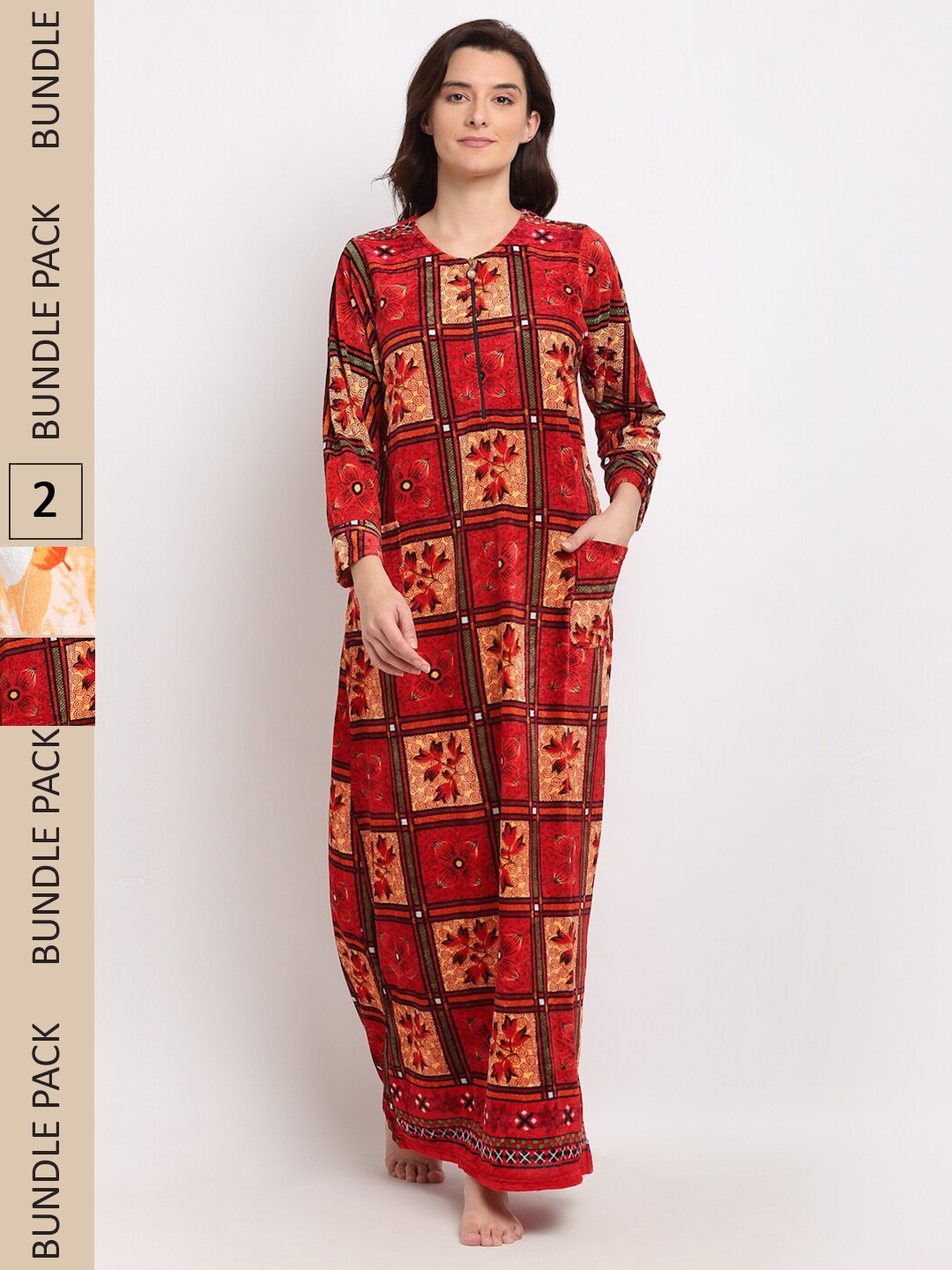 

GRACIT Pack of 2 Printed Woolen Maxi Nightdress, Maroon