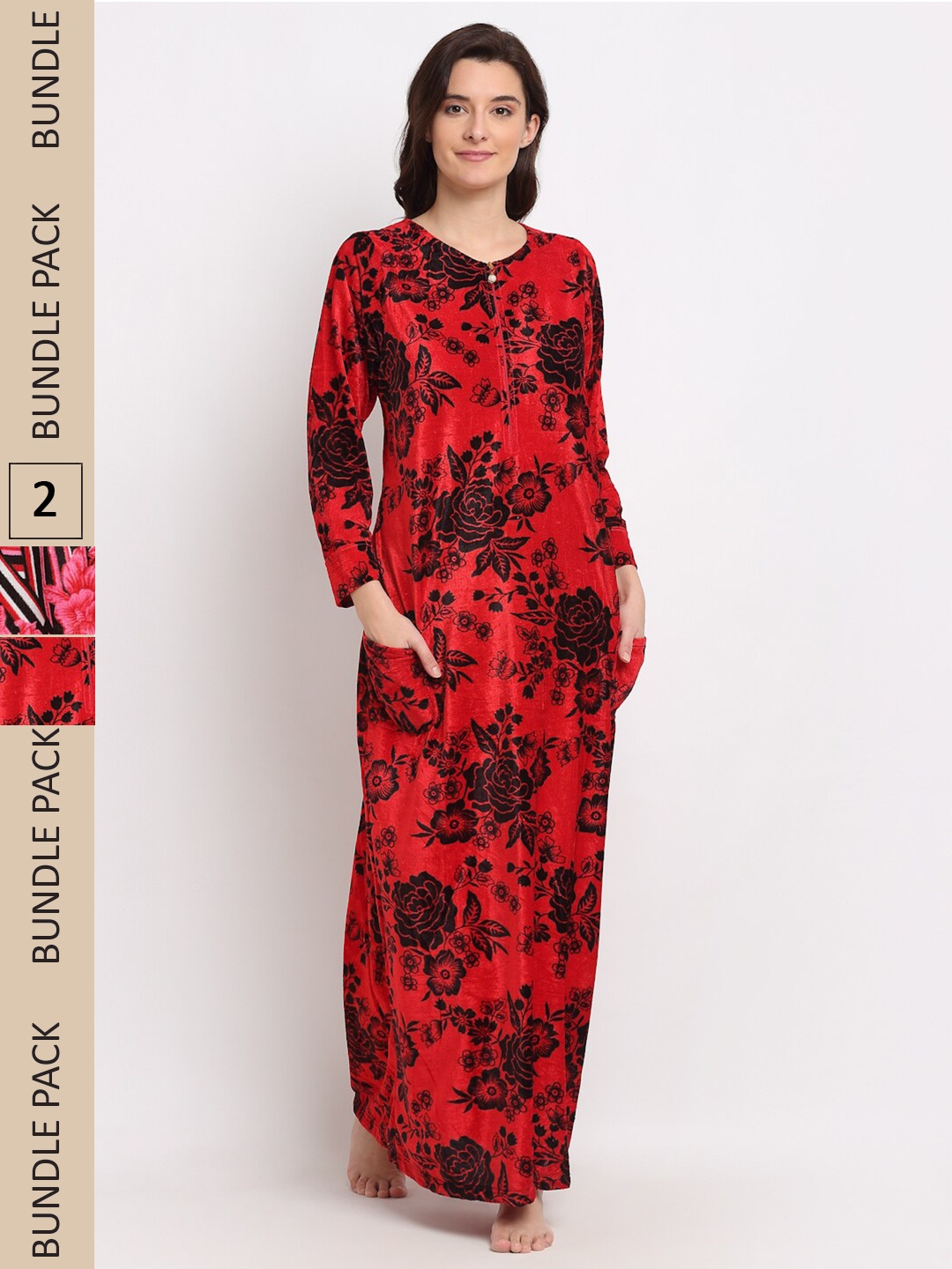 

GRACIT Pack of 2 Printed Woolen Maxi Nightdress, Red