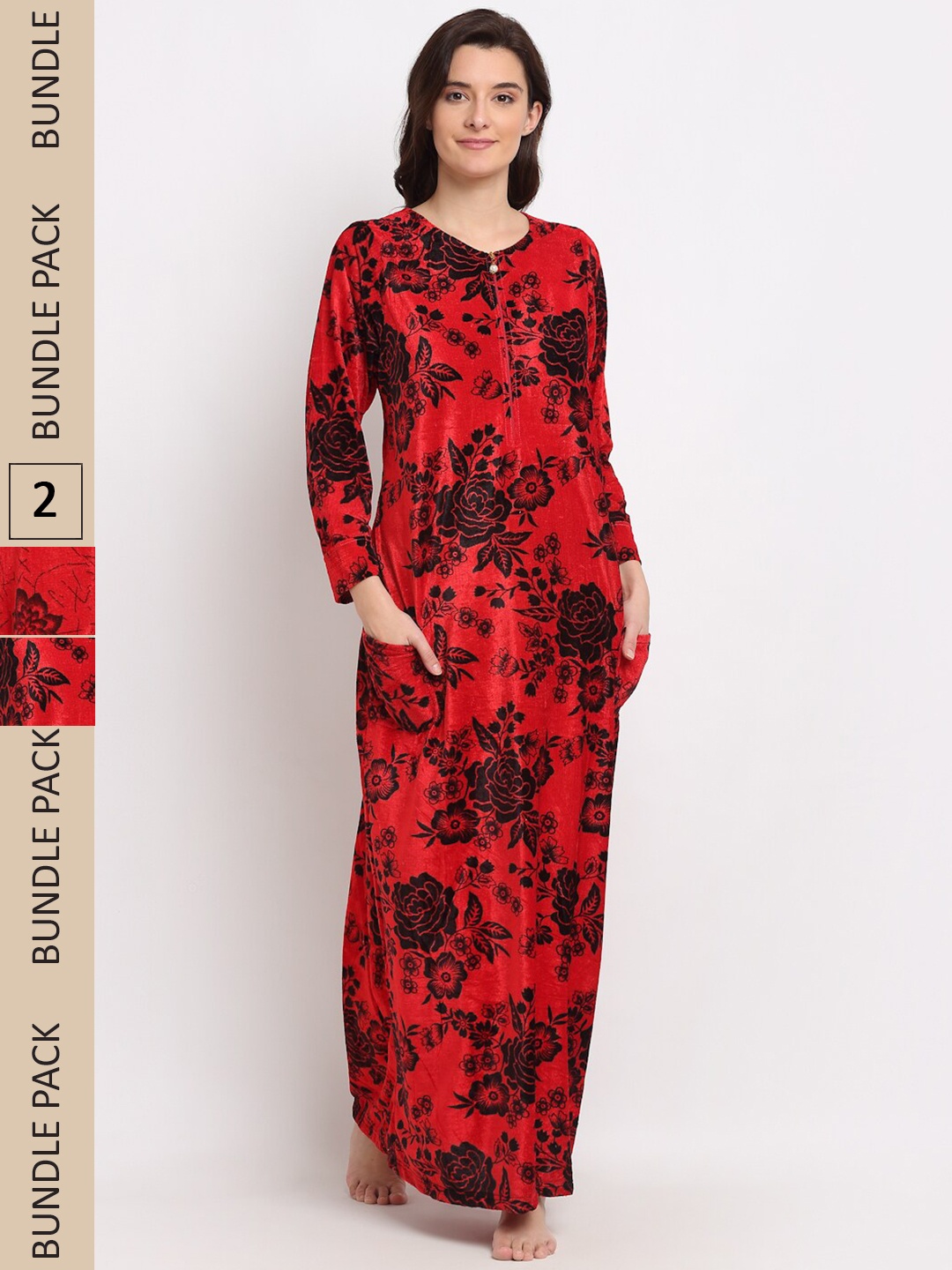 

GRACIT Pack of 2 Printed Woolen Maxi Nightdress, Red