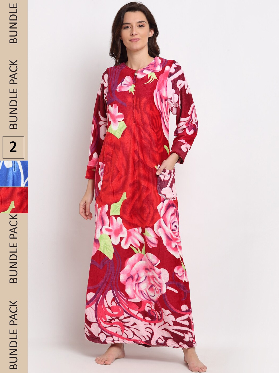

GRACIT Pack of 2 Printed Woolen Maxi Nightdress, Red