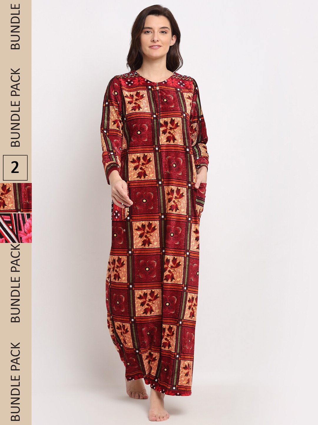 

GRACIT Pack of 2 Printed Woolen Maxi Nightdress, Maroon