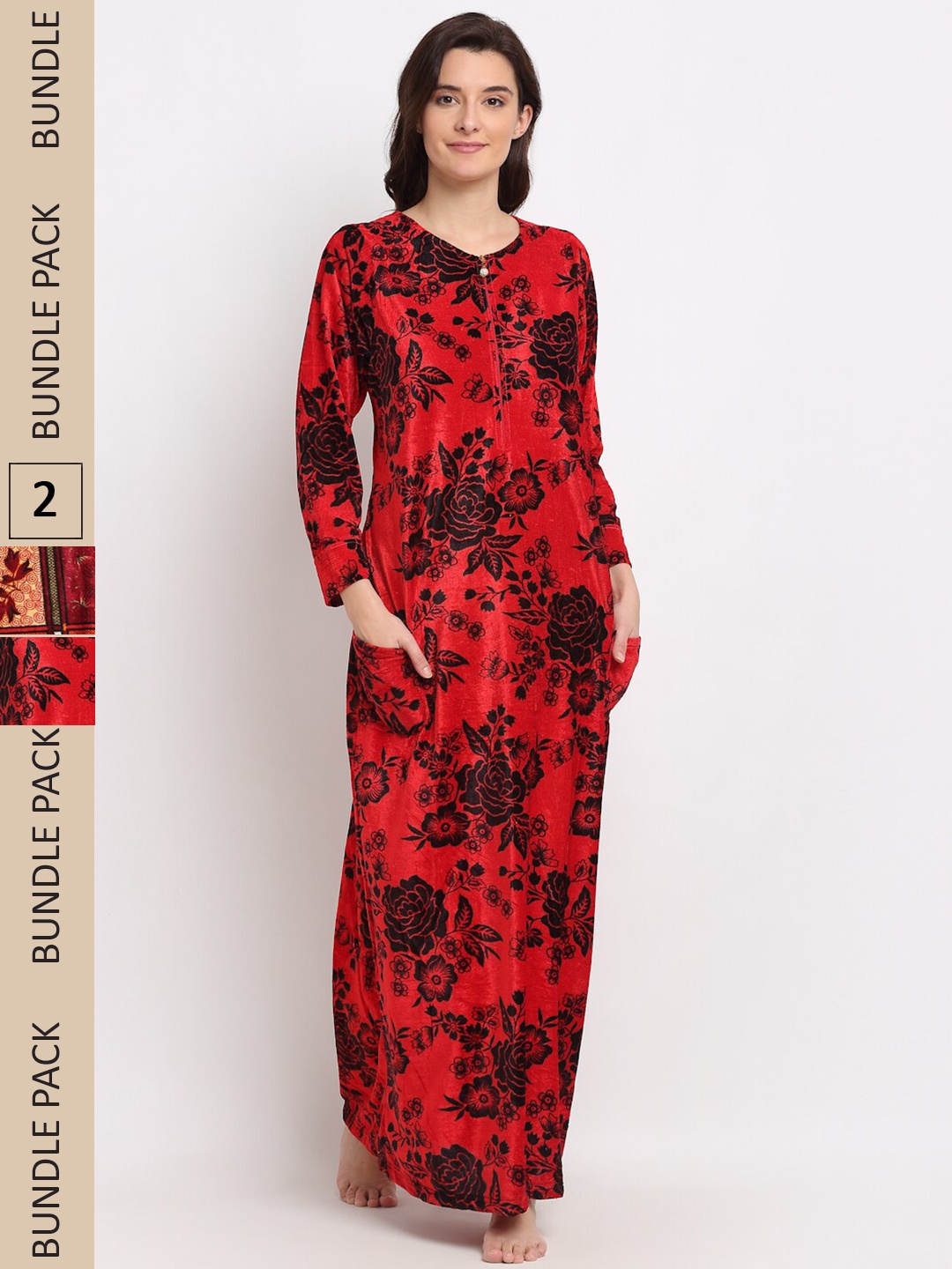 

GRACIT Pack of 2 Printed Woolen Maxi Nightdress, Red