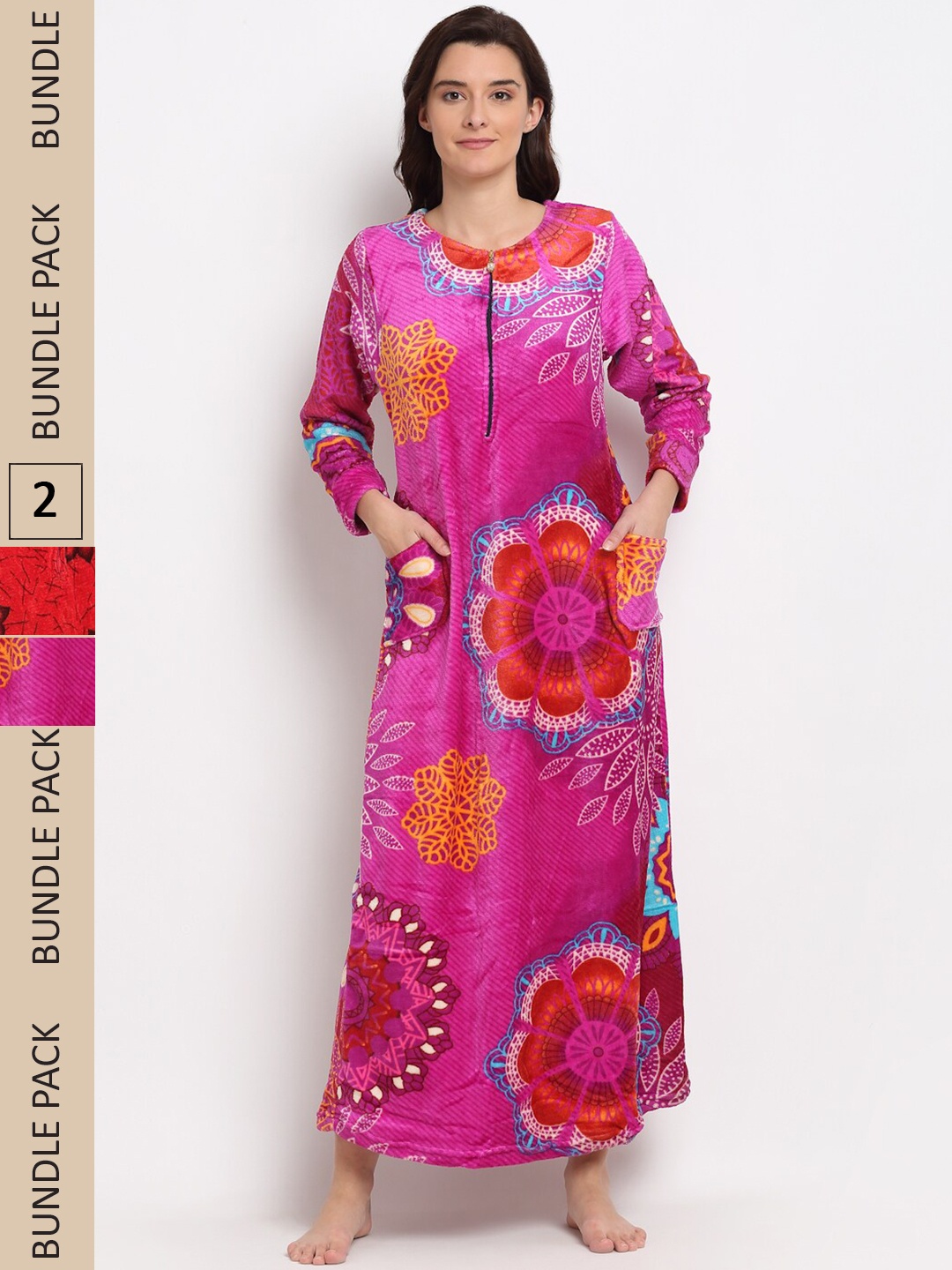 

GRACIT Pack of 2 Printed Woolen Maxi Nightdress, Pink