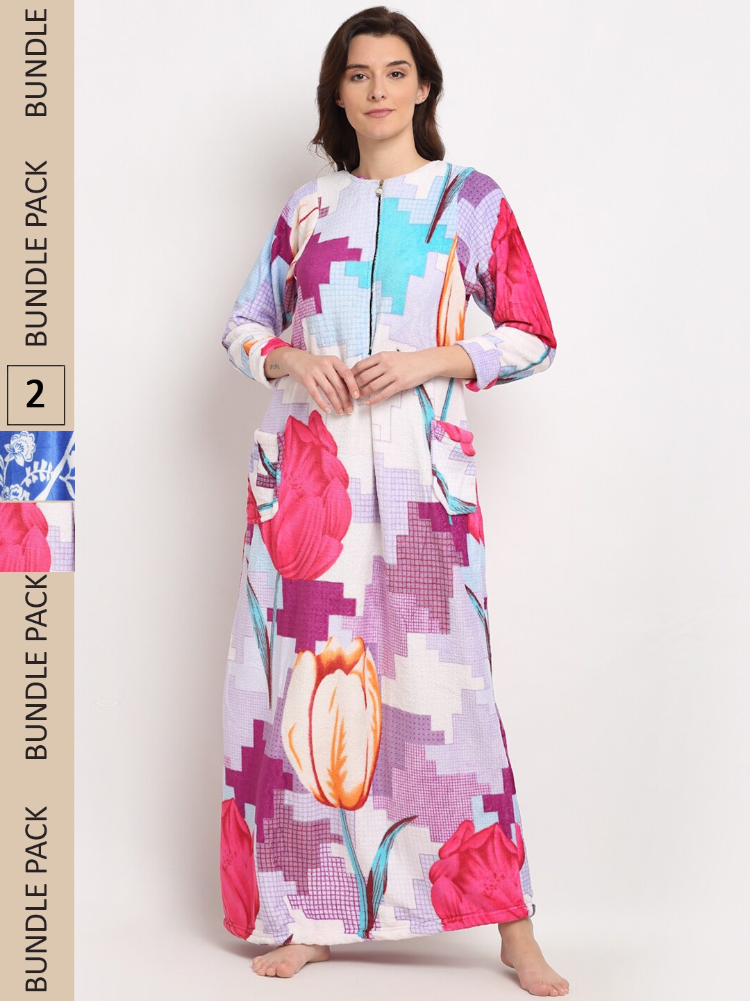 

GRACIT Pack of 2 Printed Woolen Maxi Nightdress, White