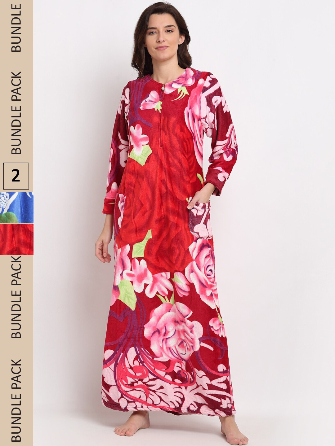 

GRACIT Pack of 2 Printed Woolen Maxi Nightdress, Red