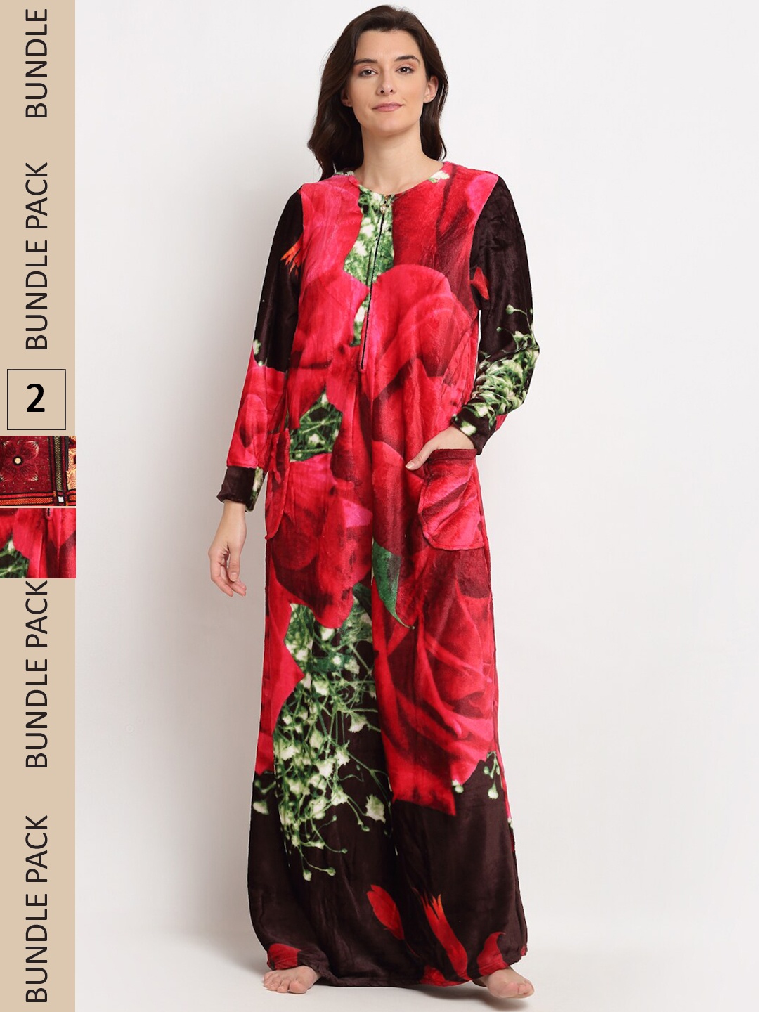 

GRACIT Pack of 2 Printed Woolen Maxi Nightdress, Red