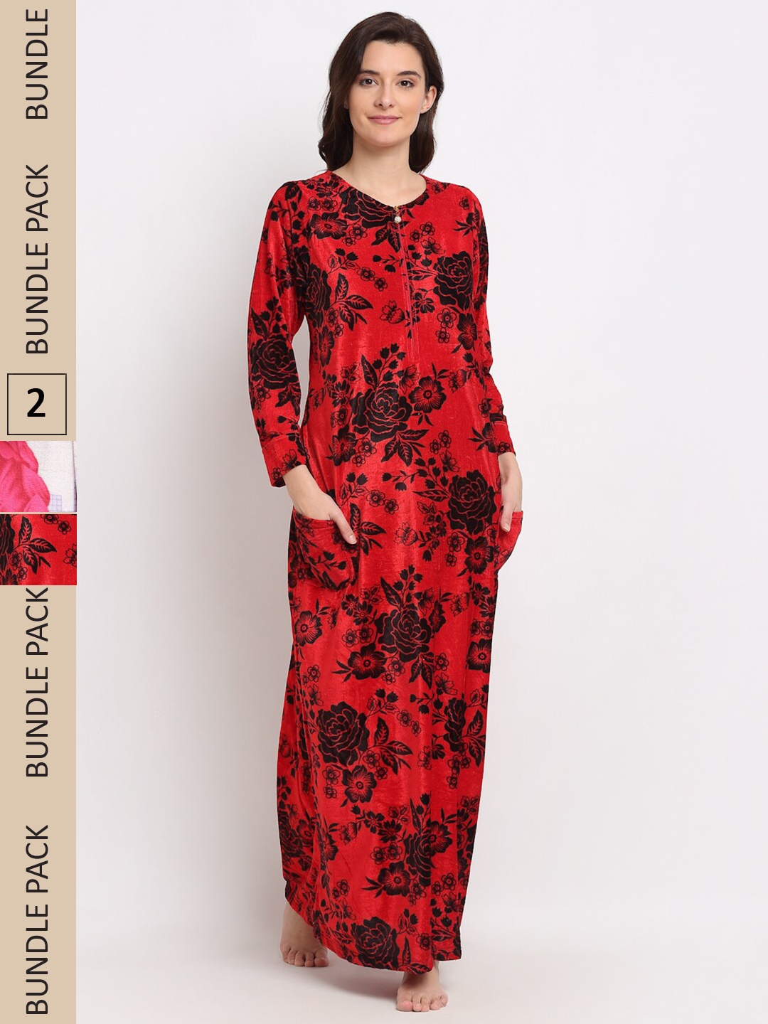 

GRACIT Pack of 2 Printed Woolen Maxi Nightdress, Red