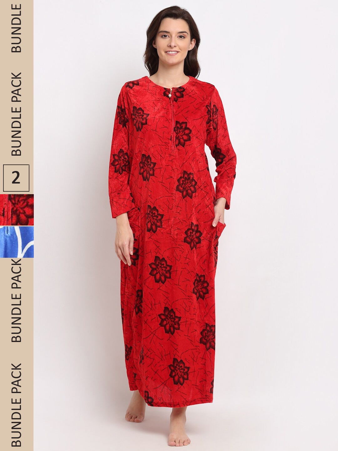 GRACIT Pack of 2 Printed Woolen Maxi Nightdress, Red