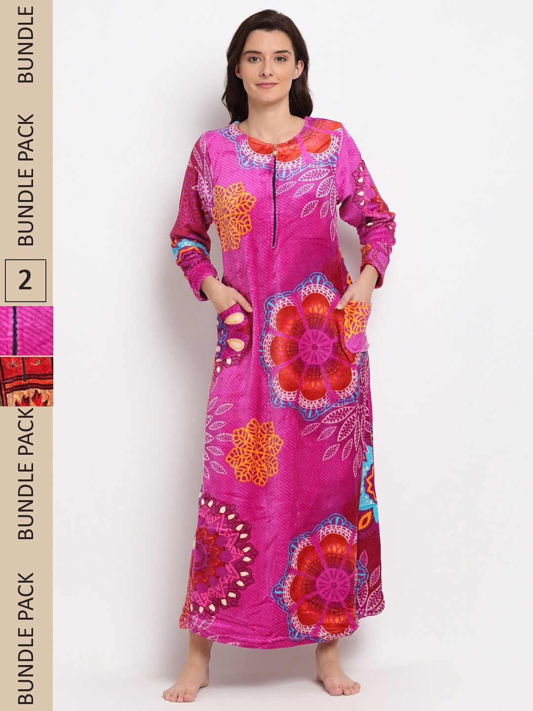 

GRACIT Pack of 2 Printed Woolen Maxi Nightdress, Pink