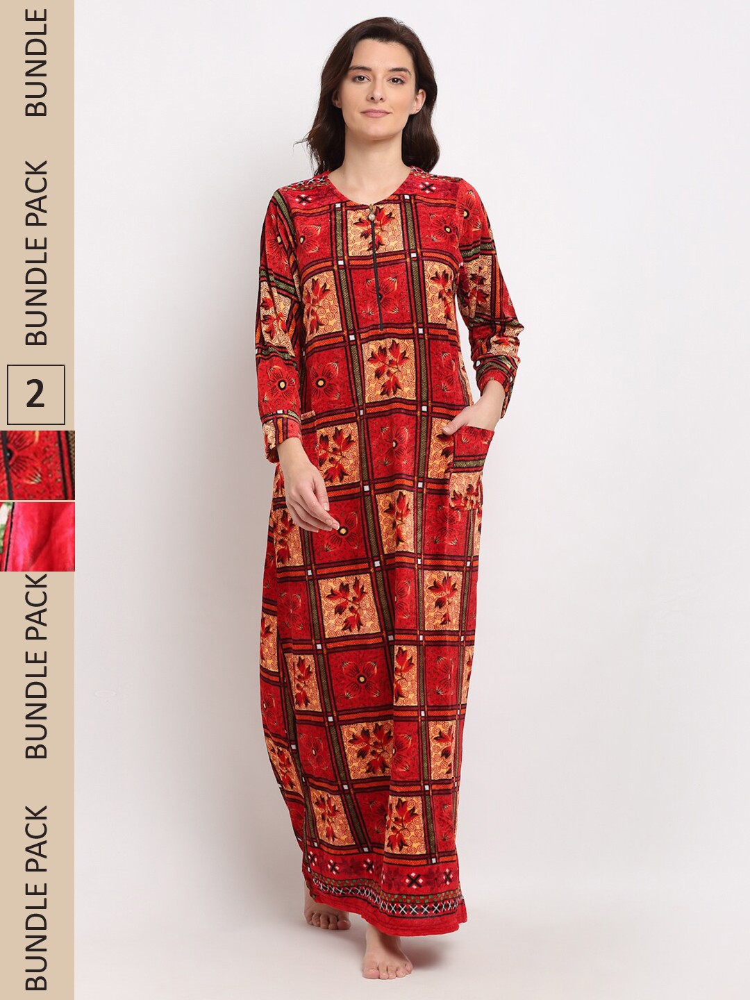 

GRACIT Pack of 2 Printed Fleece Maxi Nightdress, Red
