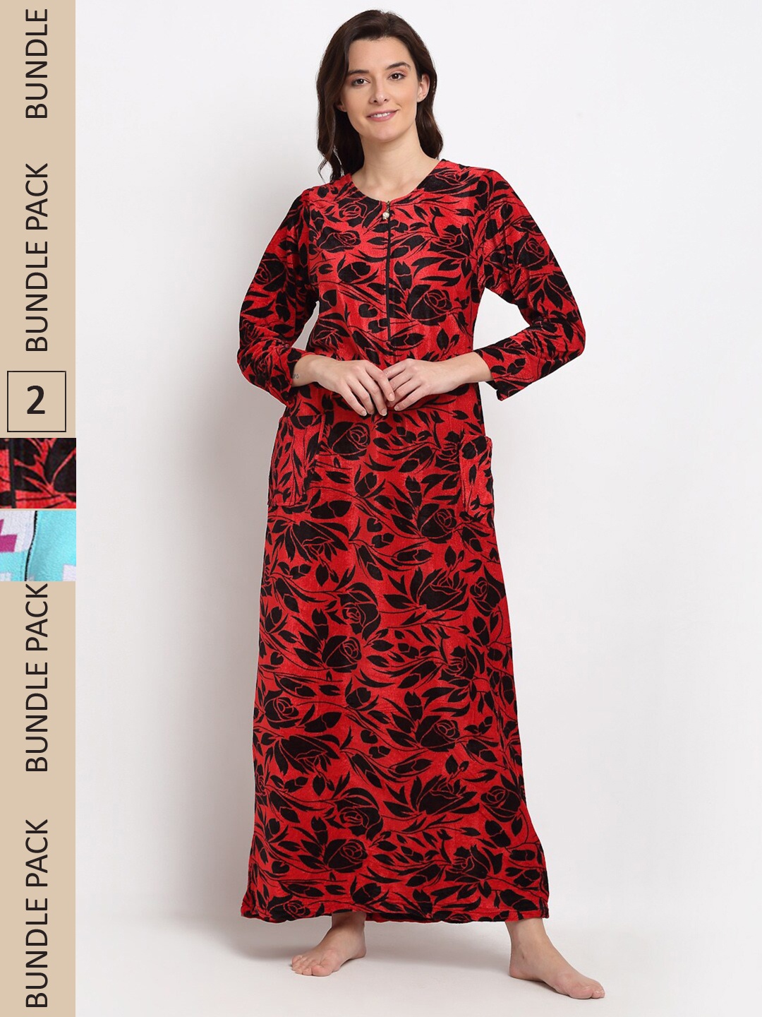 

GRACIT Pack of 2 Printed Fleece Maxi Nightdress, Red