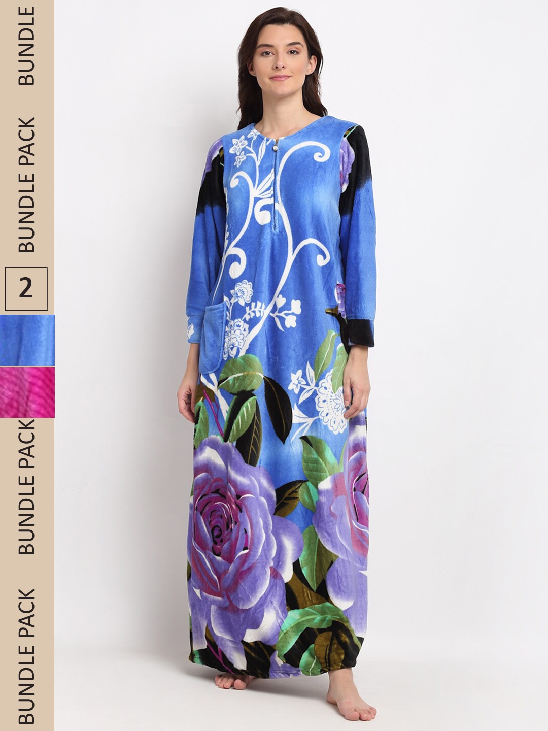 

GRACIT Pack of 2 Printed Fleece Maxi Nightdress, Blue